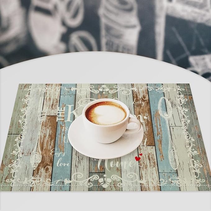 Vintage Farmhouse Placemat Set, Green Blue Rustic Wooden Plank Art Sketch Cutlery Knife Fork Inspirational Quotes Pattern Home Decor Linen Table Mats for Dining Room Kitchen Party (17x12in) x6P