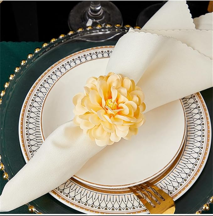 Floral Napkin Rings Set of 6,Rustic Rose Napkin Rings Flower Dinner Napkin Holder for Table Decoration (34#Champagne)