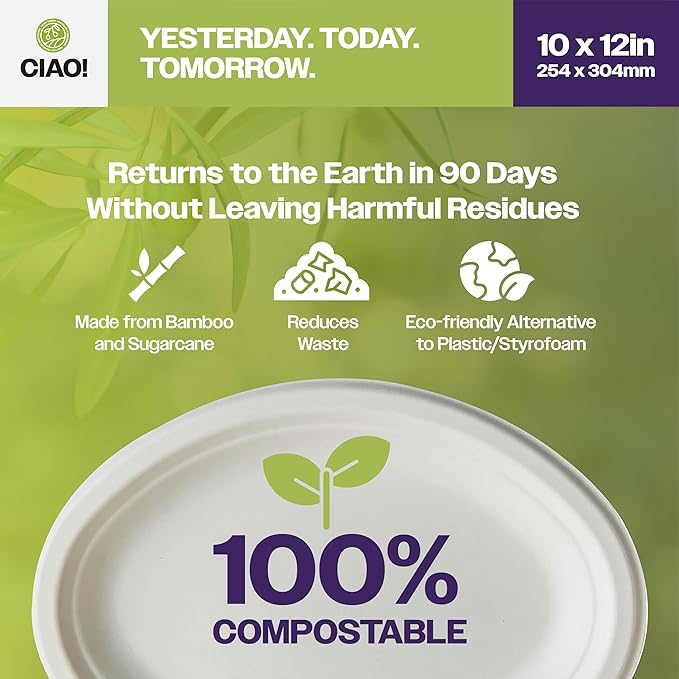CIAO! 10"X12" Heavy Duty Oval Plate 100% Compostable PFAS Free Unbleached Bagasse Natural White (Pack of 500)