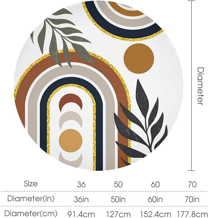 Mid Century Boho Round Tablecloth, Modern Abstract Sun Moon Bohemian Leaves Tablecloth for Home Party Dining Room Kitchen Decor 70Inch(178cm)