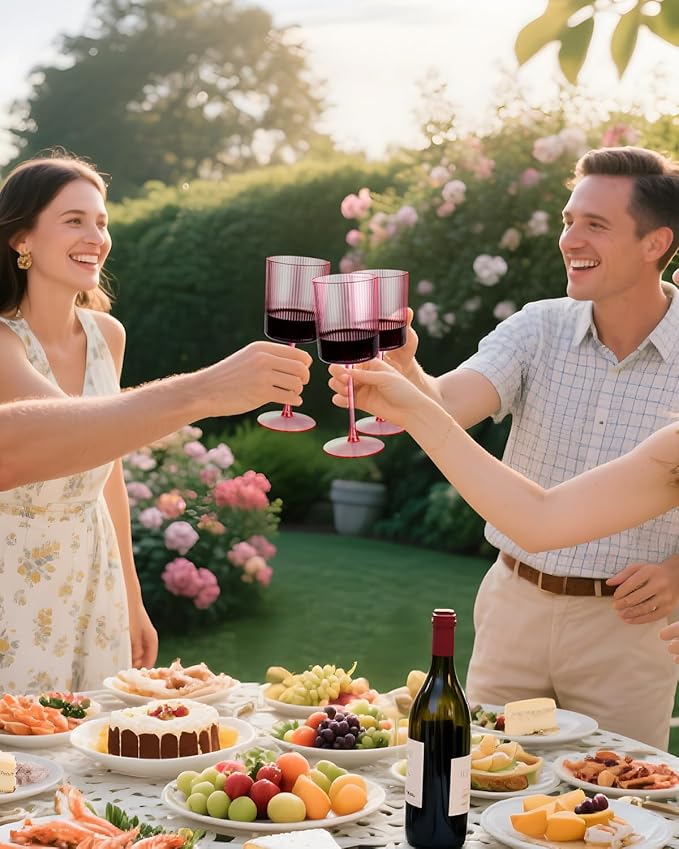 Ciaell 12 PCS Pink Plastic Ribbed Wine Glasses - 10 OZ Plastic Square Wine Glasses with Stem - Disposable Champagne Cups for Parties & Weddings & Valentine's Day