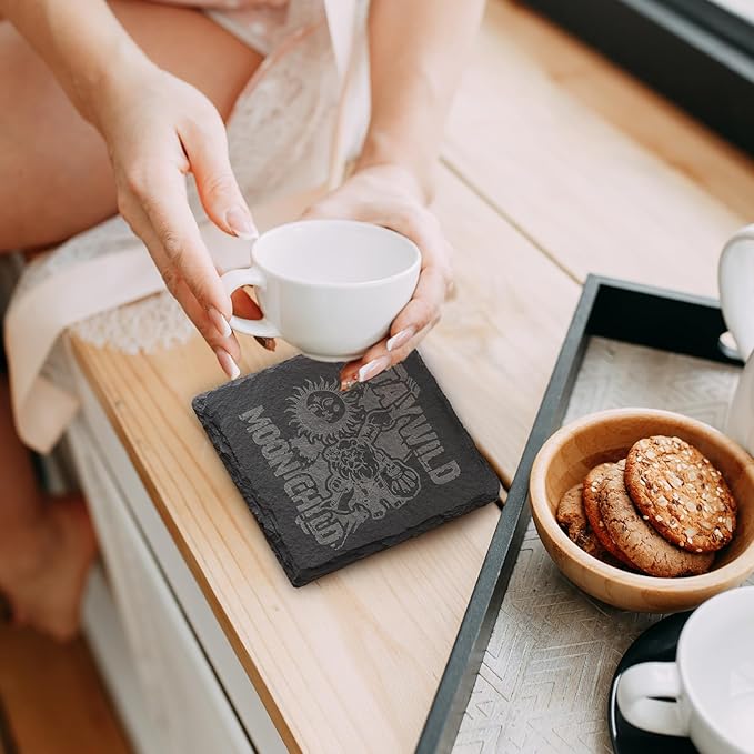 Slate Coasters Set of 6,4-Inch Black Square Stone Drink Coasters with Scratch-Resistant Backing,Durable Tabletop Protection for Home Office Kitchen,Ideal Housewarming Wedding Gifts