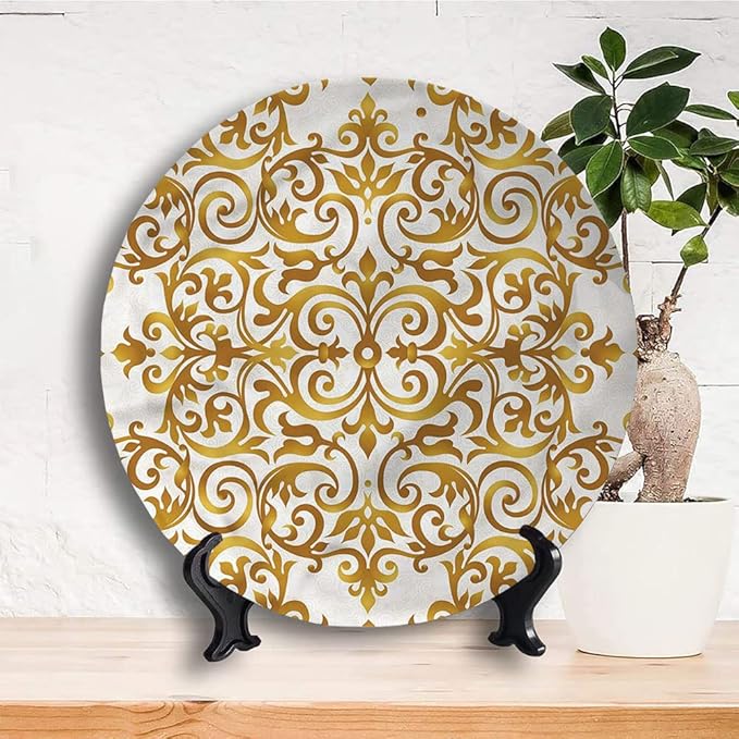 Decorative Plates, Victorian Print Ornament, Victorian Lace Floral, 6 Inch, 1 Plate with 1 Display Stand, Golden
