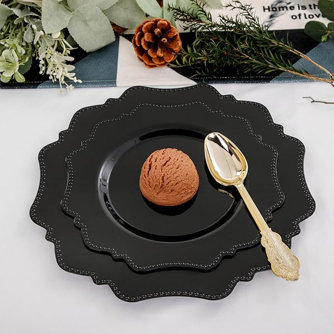 COLOSUS Black Plastic Plates Set,Heavy Duty Black Disposable Plates for 30 guests,Include 30PCS 10.5inch Dinner Plates and 30PCS 8.25 inch Dessert Plates for Party/Wedding/New Year/Birthday