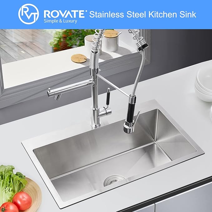 ROVATE 28 ×18 Inch Drop-in Kitchen Sink 304 Stainless Steel Single Bowl, Handmade 18 Gauge 9 Inches Deep Kitchen Sink Topmount with Basket Strainer