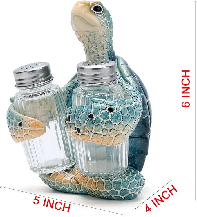 Hodao Sea Turtle With Salt and Pepper Shaker Figurines Decorations Turtle Set with Holder Figurine for Beach Bar or Tropical Kitchen Decor Turtle Table Decorations For Home Gifts (Turtle)