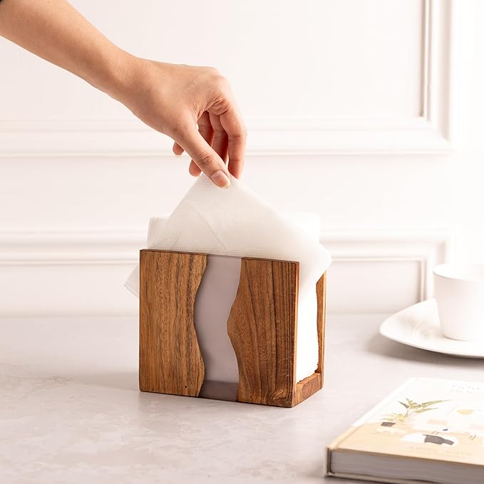 Acacia wood & Transparent Epoxy resin Napkin holder for table, Rustic farmhouse napkin organisation for kitchen, dining, counter tops, restaurant or outdoors | 6x5x2.5 inches|(Gray)