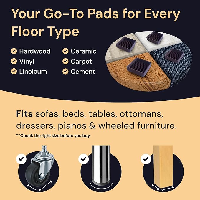 CasterMaster Square Rubber Caster Cups 4 Inch - Non Slip Furniture Pads for Hardwood Floors - Heavy Duty Bed Stoppers, Sofa Leg Protectors & Chair Feet Covers, Black 4 Pack