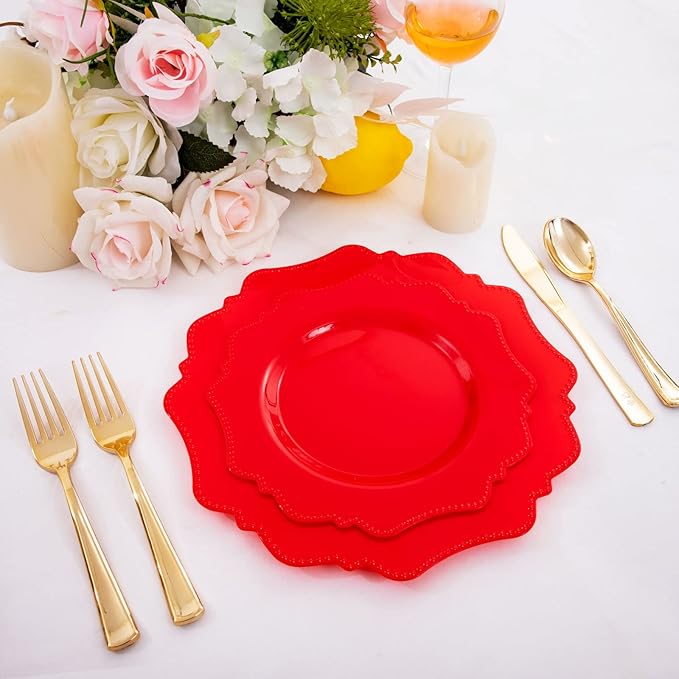 COLOSUS Disposable Plastic Plates 60Pcs, Christmas Red Plastic Party Plates, Heavy Duty 30 Dinner plate 10.5” and 30 Salad/Dessert Plate 8.25” for Christmas party dinner