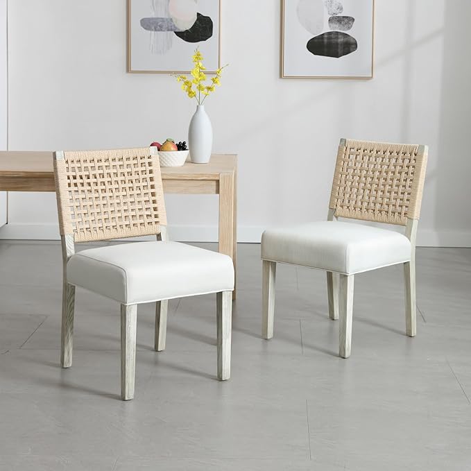 Farmhouse Dining Chairs Set of 2 Linen Fabric Upholstered Accent Side Chair, Mid Century Modern Kitchen & Dining Room Chairs with Woven Rope Back for Home, Living Room, Bedroom - White