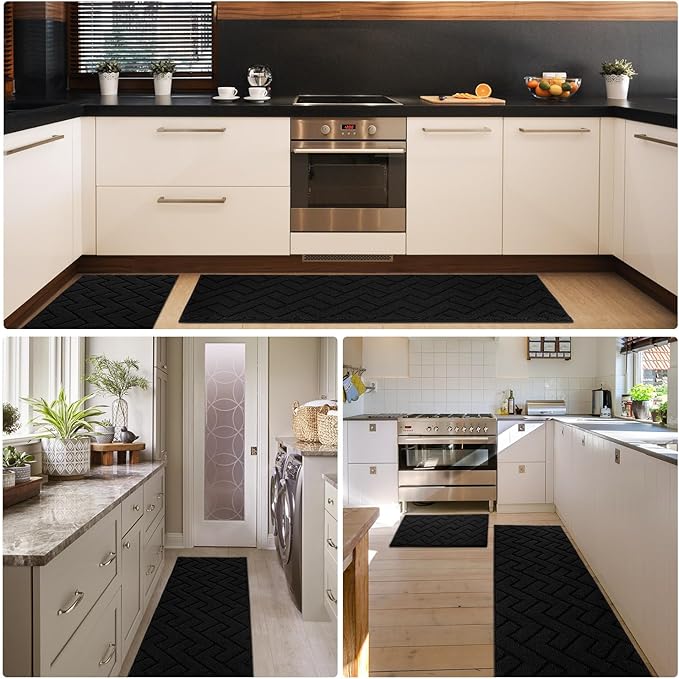 hicorfe Kitchen Rugs and Mats Sets,2 Pieces Super Absorbent Polypropylene Non-Slip Rug,Soft Comfort Floor Mat,Washable for Kitchen,Hallway,Office,Sink,Laundry(20" x 32"+24" x 71",Black)