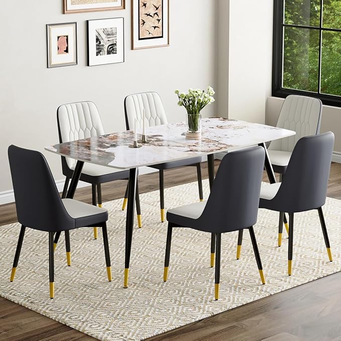 6 Chair Dining Table Set,6 Person Dining Table Set, Sintered Stone Kitchen Table Top and Modern Chairs Set of 6 for Kitchen Dining Room