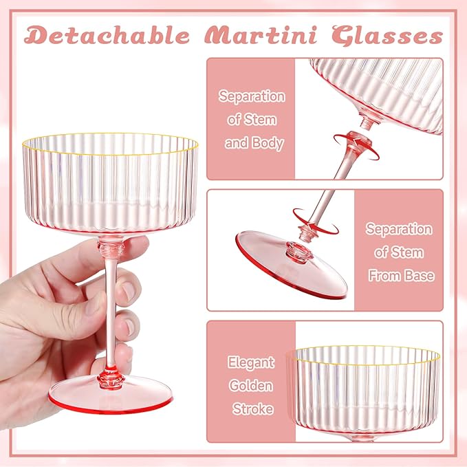 XUWAIDSGN 12 Pcs Champagne Martini Glasses 9 Oz with Gilded Removable Gold Rim Coupe Glasses Pink Martini Glasses Plastic Mimosa Vintage Coupe Glasses Set For Wedding Anniversary (12, Ribbed Pink)
