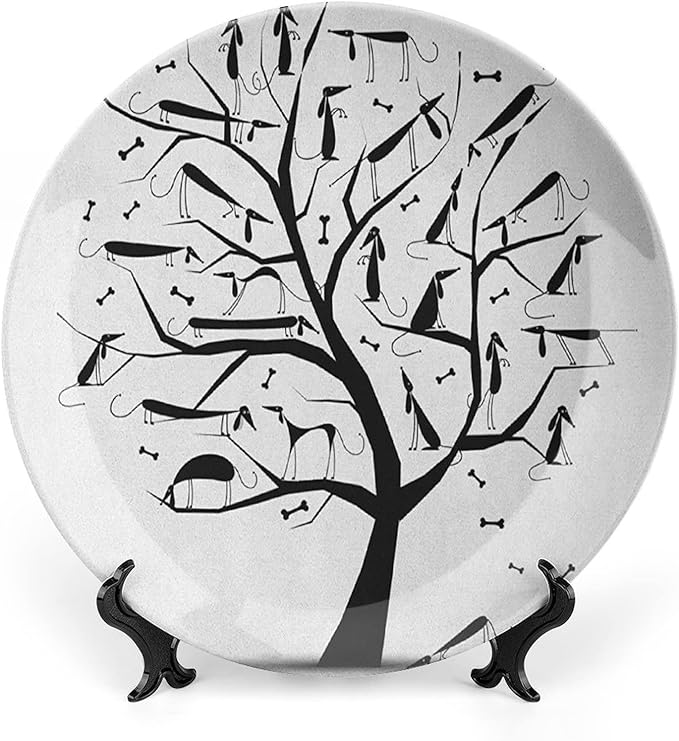 Decorative Plates, Abstract Print Ornament, Monochrome Autumn Season Tree with Dog on The Branches, 10 Inch, 1 Plate with 1 Display Stand, Black and White