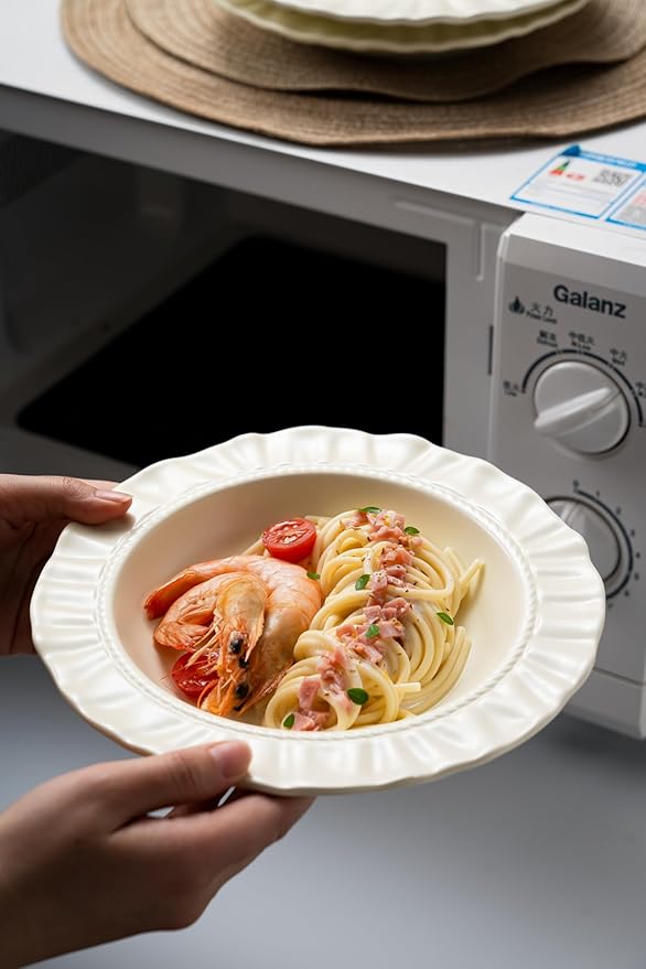 Ceramic Soup Bowls 8.6 in, Pasta Bowls & Plates, Cream color Floral-Embossed Wide Rim Shallow Bowls Set of 2, Italian Carving Design, Matte Finish Porcelain, Microwave & Dishwasher Safe