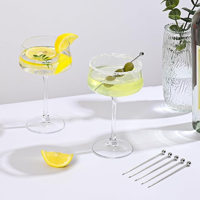 Martini Glasses Set of 6, 8 oz Premium Crystal Coupe Glasses, Hand Blown Champagne Drinkware with 6 Cocktail Picks, Clear Cocktail Glasses for Bar, Parties, Martinis, Margaritas
