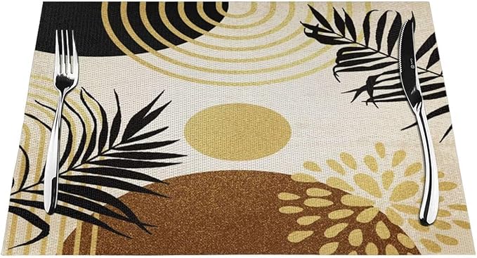 Boho Mid Century Placemats Abstract Golden Dots Leaves Modern Geometric Minimalist Aesthetic Washable Place Mats 12x18Inch for Dining Kitchen Farmhouse Decor 4 PCS