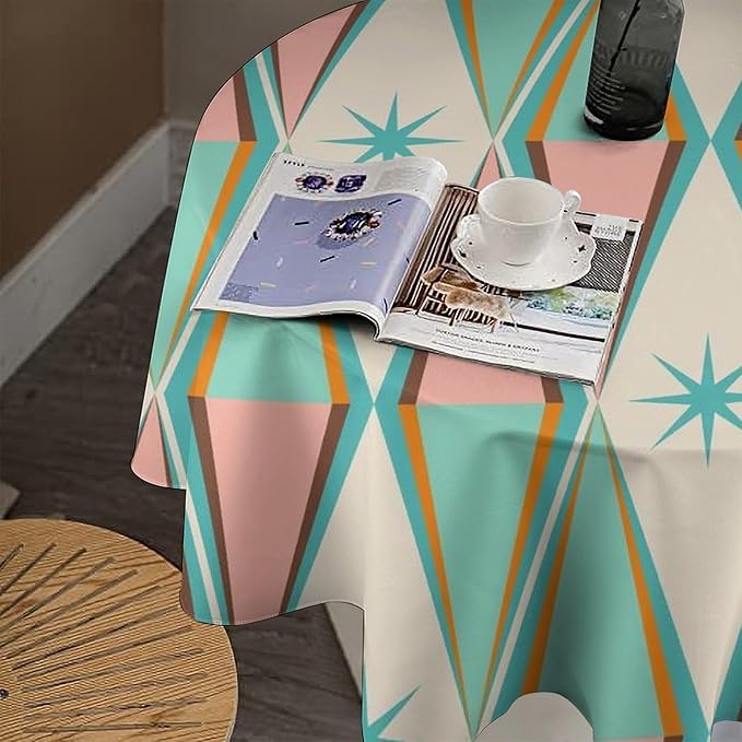Mid Century Round Tablecloth, Vintage Bohemian Modern Mid-Century 50s 60s Print Tablecloth for Home Party Dining Room Kitchen Decor 70Inch(178cm)