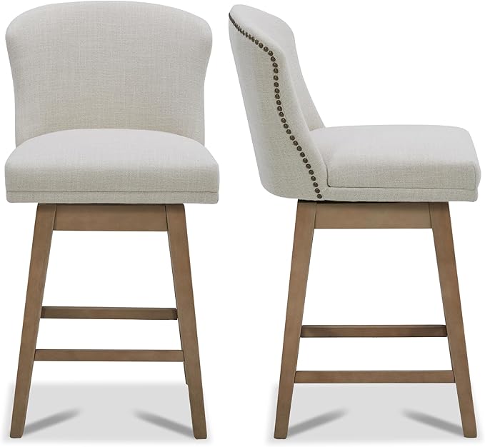 CHITA Counter Height Swivel Barstools, FSC Certified Upholstered Performance Fabric Bar Stools Set of 2, 26" Seat Height, Linen