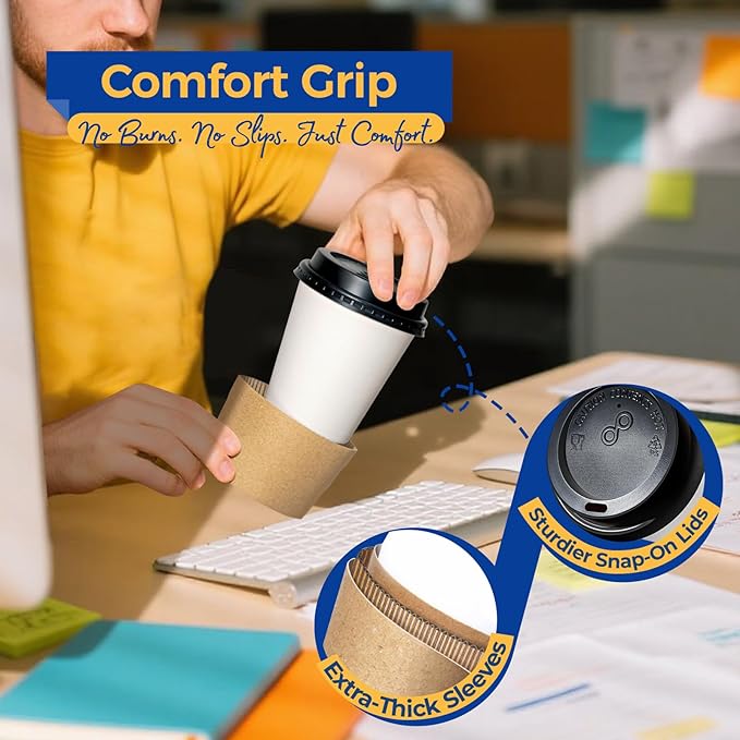 Fit Meal Prep 500 Pack 10 oz Disposable Coffee Cups with Lids, Sleeves, Leak-Proof To Go Coffee Cups with Lids, Durable Paper Cups for Hot Beverage, Home, Office, Party