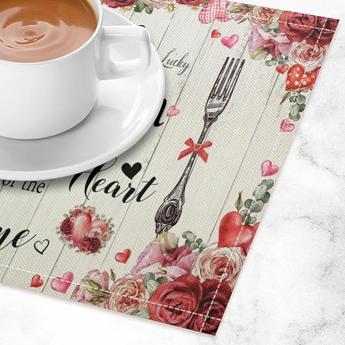 Retro Farmhouse Placemat Set, Romantic Pink Rose Floral Rural Plank Art Sketch Cutlery Knife Fork Inspirational Quotes Pattern Home Decor Linen Table Mats for Dining Room Kitchen Party (17x12in) x4P