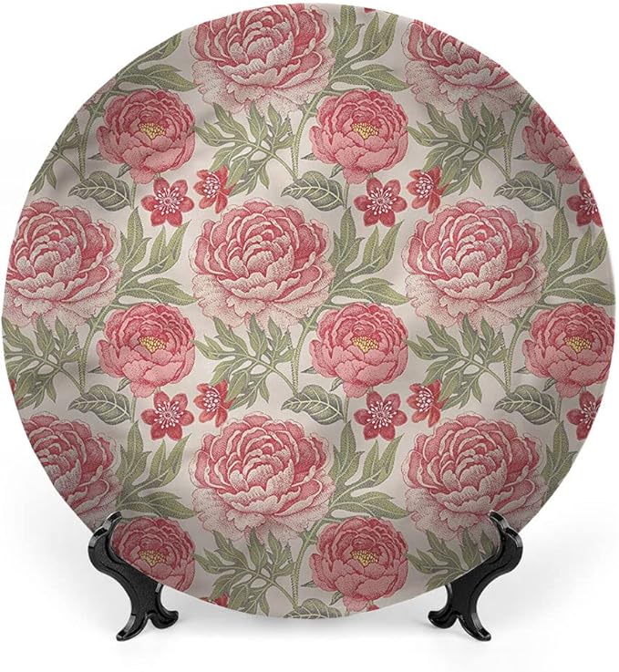 Ceramic Plates, Victorian Decorative Ceramic Plates, Romantic Peonies Botany, 10 Inch, for Dining, Parties, Wedding, Multicolor