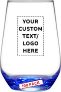 DISCOUNT PROMOS 100 Vaso Silicia Stemless Wine Glasses Set, 16 oz. - Personalized Text, Logo - Clear, Orb-Like, Thick base - Blue