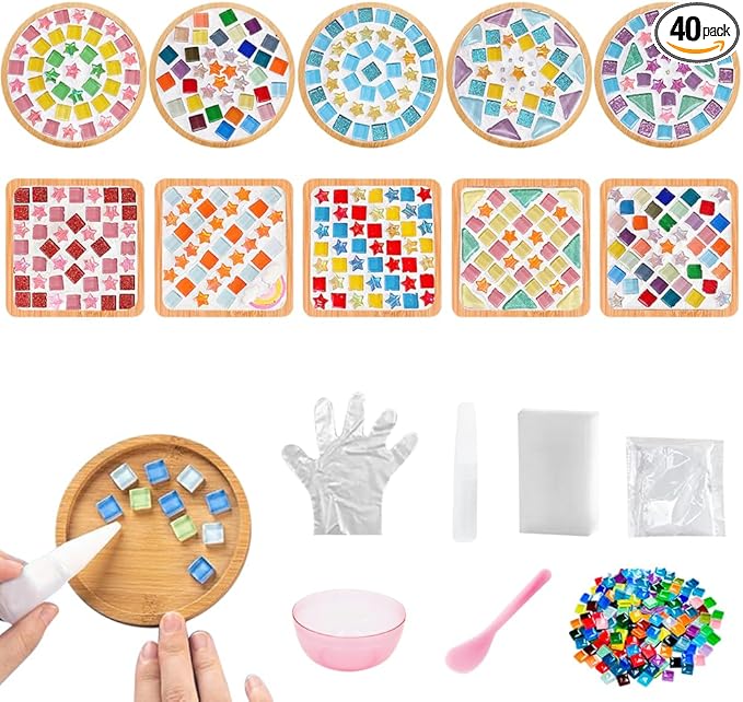 Adboros 10 Sets DIY Glass Mosaic Tiles for Crafts Mixed Color Mosaic Kits with Wooden Coaster for Adults Bamboo Coaster for Drinks Tray Handmade Home Decoration
