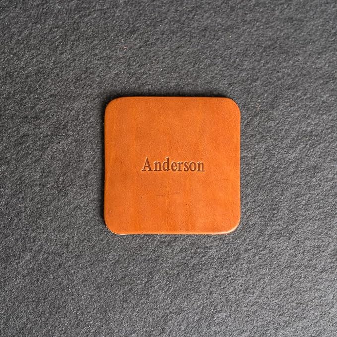Ox & Pine Personalized Leather Coaster - Sold Individually or in Sets of 4 - Customize Inscription - 100% Full-Grain Leather – 4" Round or 4" Square (Square, Stone Natural, 1 Individual Coaster)