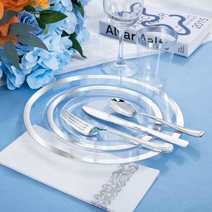 YOUBET 175PCS Clear Plastic Plates with Silver Rim include -Disposable Silver Plstic Plates Includes 50 Silvery Plastic Plate, 25Forks, 25Knives, 25Spoons, 25Cups, 25Napkins for Wedding & Party