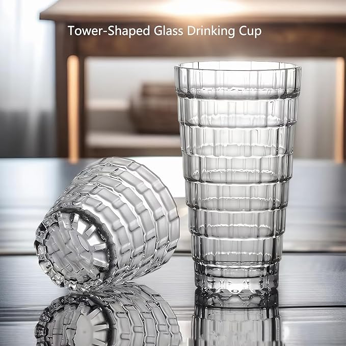Vintage Drinking Glasses Set of 6, 15 oz Brick-Shaped Glass Cups, Mojito Glass Cups Stackable Water Tumbler, for Beer, Cocktail, Whiskey, Juice & Mixed Drinks.
