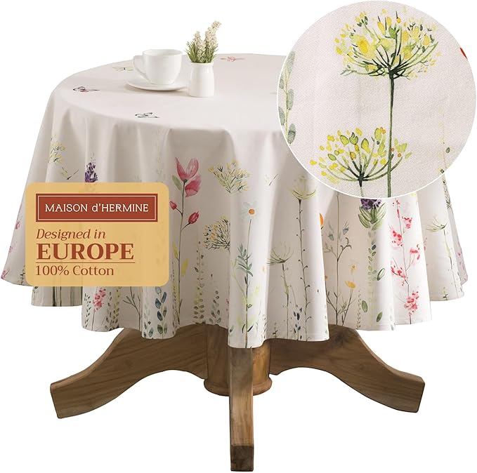 Maison d' Hermine Table Cloth Round Table 100% Cotton 69 Round Inches Tablecloth Reusable Decorative for Dining Room Farmhouse Home Valentines Day Decorations Spring Summer - Botanical Fresh