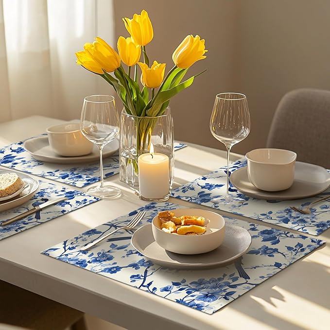 Flower Bird Placemats Set of 4, Blue Birds Place Mats,Blue and White Floral Waterproof Washable Table Mats for Home Party Indoor Kitchen Dining Table Decoration 12x18 Inch