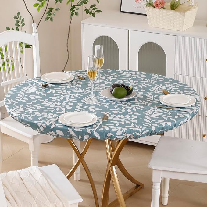 Walrus Round Vinyl Fitted Tablecloth with Flannel Backing Elastic Edge Design Table Cover Waterproof Oil-Proof PVC Table Cloth Stain-Resistant Best for 37"-44" Round