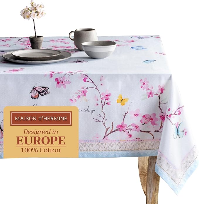 Maison d' Hermine Table Cloth Rectangle Table 100% Cotton 60 x 108 Inches Tablecloth Reusable Decorative for Dining Room Farmhouse Home Valentines Day Decorations Spring Summer - Blossoms in Spring