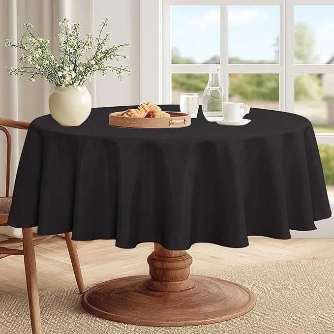 JIUZHEN Faux Linen Round Tablecloths 54 inch, Decorative Wrinkle Free Texture Rustic Circle Table Cloth Cover for Kitchen, Dining, Party, Wedding, Outdoor Use (54 Inch Round,Black)