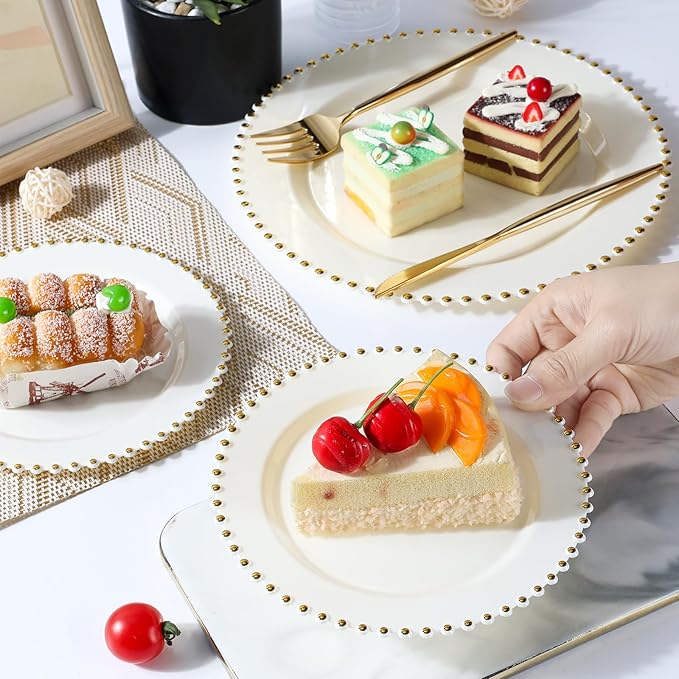 EI 60pcs Beige Plastic Plates with Gold Rim,Ivory Disposable Plates,Heavy Duty Fancy Plastic Plate,10.25" Dinner & 7.5" Dessert Plate Elegant for Party,Wedding,Birthday,Spring,Afternoon tea