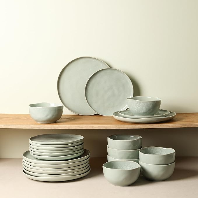 Stone Lain Mirella 24-Piece Dinnerware Set Stoneware, Plates and Bowls set, Microwave and Dishwasher Safe, Dish Set for 8, Light Green