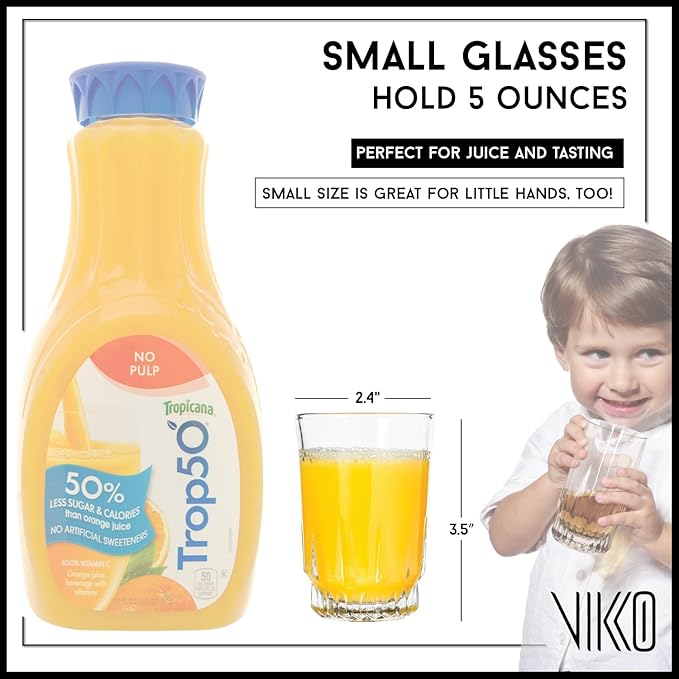 Vikko 5 Ounce Juice Glasses, Heavy Base SMALL Glassware for Drinking Orange Juice, Water, Perfect Cup for Children, Tasting, and Small Portions, Set of 6 Crystal Clear Glass Tumblers