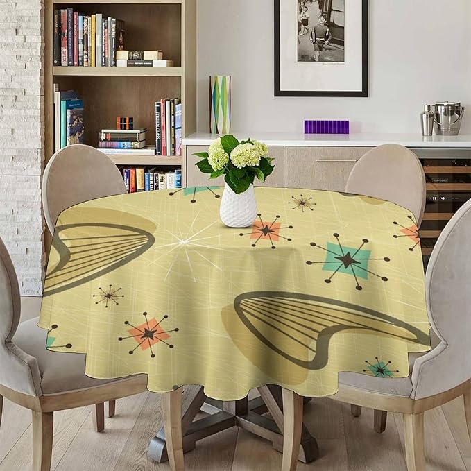 Mid Century Round Tablecloth, Retro Abstract Atomic Boho Geometric Art Printed Tablecloth for Home Party Dining Room Kitchen Decor 70Inch(178cm)
