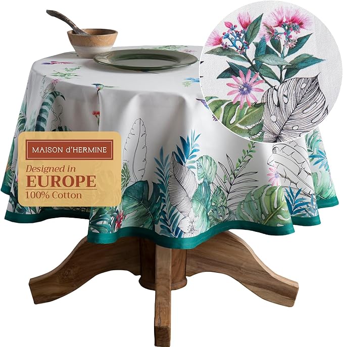 Maison d' Hermine Table Cloth Round Table 100% Cotton 69 Round Inches Tablecloth Reusable Decorative for Dining Room Farmhouse Home Valentines Day Decorations Spring Summer - Tropiques
