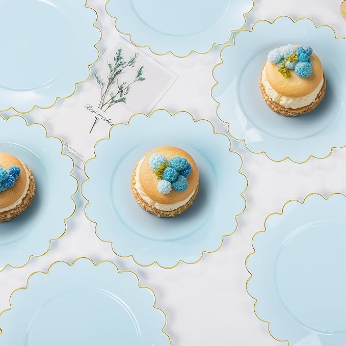 LIYH 100 Pcs Blue Plastic Plates - 7.5 Inch Scalloped Edges Disposable Dessert/Salad Plate- Blue with Gold Rim Premium Hard Appetizer Cake Plastic Plates for Party,Weddings,Bridal Shower
