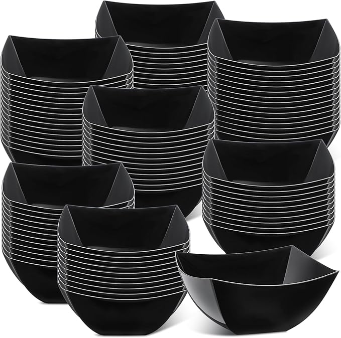 Sliner 100 Pcs Square Plastic Bowls 8 oz Plastic Serving Bowls Disposable Chip Containers for Parties Snack Fruit Candy Containers for Candy Buffet Salad Bar Buffet Party Supplies(Black)