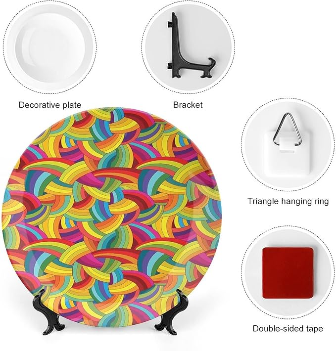 Ceramic Display Plate, Abstract Decor Ceramic Hanging Decorative Plate, Colorful Rainbows Wheels Spiral Wavy Fashionable, 10 Inch, Living Room Kitchen Decoration Household, Multy