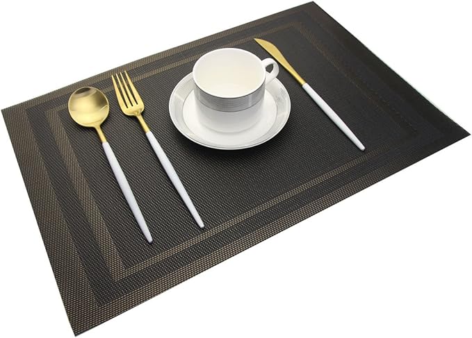 Placemats for Kitchen Woven Vinyl Table Placemat Heat-resistand Table Plastic Mats Set of 4 (Gold+Black)