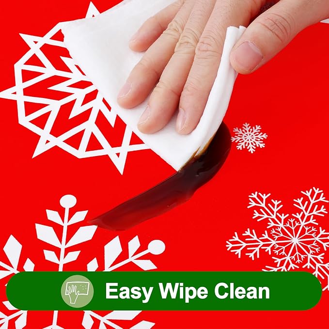 Smiry Plastic Christmas Tablecloth, Snowflake Waterproof Elastic Fitted Table Covers, Wipeable Flannel Backed Vinyl Tablecloths for Christmas Dinner, and New Year Celebration (Red, 30x72 Inches)