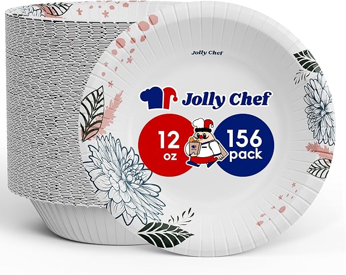 JOLLY CHEF 156 Count Paper Bowls 12 oz Soak Proof and Cut Proof Microwave Safe Heavy Duty Flower Printed Disposable Bowls for Dinner or Lunch