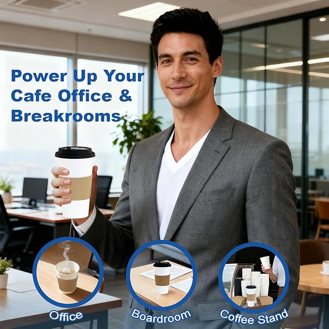 20 oz 100 Pack Coffee Cups with Lids and Sleeves, Straws, Hot Disposable To Go Travel Paper Cups Bulk for Office, Home Coffee Bar Accessories, Chocolate, Cocoa, Beverage (White)