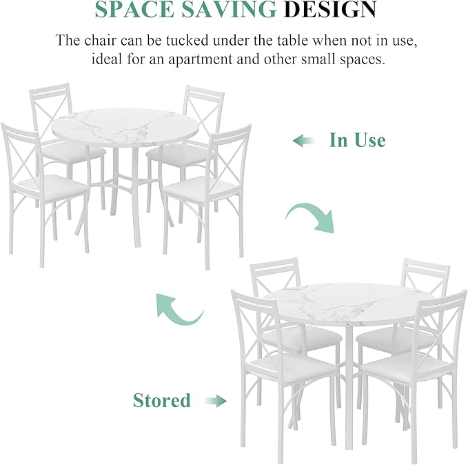 VECELO 5 Piece Dining Table Set for 4, Faux Marble Dinette with Chairs for Kitchen, Breakfast Nook, Small Space, Off White