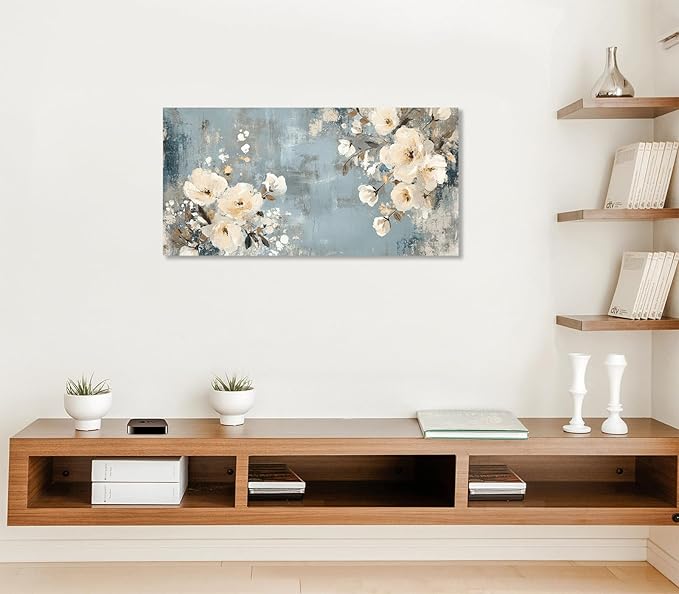 ADJUVANT Wall Art Vintage Floral 48" L x 24" W, Creamy Flowers On Distressed Blue Background Canvas Painting Blossoms Artwork Prints Floral Wall Decor for Living Room Bedroom Dining Room Home Office